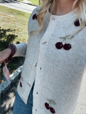 Cozy Cream Cherry Knit Cardigan Sweater